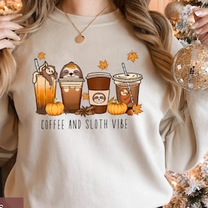 Fall Coffee Sloth Gifts Sweatshirt, Pumpkin Spice Sloth Hoodie, Cute Womens Fall Shirt, Lazy Sloth Lover Gift, Cozy Fall Sweater for Women