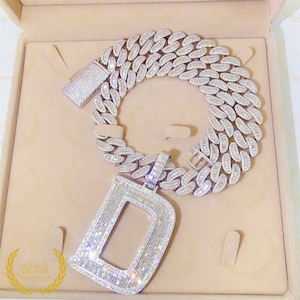 Custom Iced Out Hip Hop 2.5"X5.0" Letter 'D' Halo Baguette Moissanite Letter Pendent, 14k Gold Plated Letter/Number Pendent, Beloved Pendent