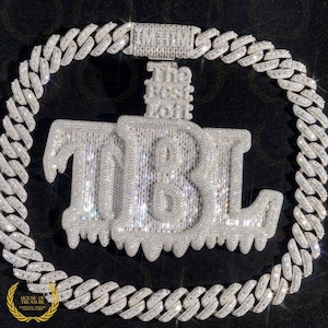Iced Out 18mm Hip Hop Customized VVS Baguette Cut Moissanite Pendent Necklace, Custom Word Bell 14k Gold Plated 22" Cuban Chain with Pendent
