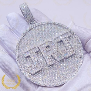 Custom Letter/Name VVS1 Round & Baguette Cut Moissanite Pendent, Iced Out Pendent, Colorless Moissanite Gold Plated Pendent, Hip Hop Pendent