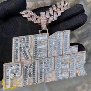 Iced Out 20mm Hip Hop Customized VVS Baguette Cut Moissanite Pendent Necklace, 14k Rose Gold Plated 22" Cuban Chain with Custom Name Pendent