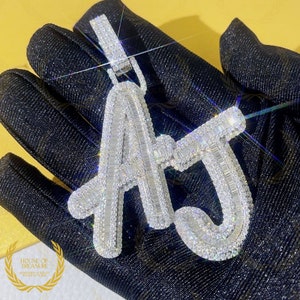 Fully Iced Out 29.34CTW Colorless Round And Baguette Cut VVS1 Moissanite Pendant, Custom Letter/Name/Logo Halo Pendant Passes Diamond Tester