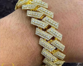 20mm VVS1 Colorless Moissanite Halo Cuban Bracelet: 14K Yellow Gold Plated Passed Diamond Test