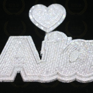 Custom Number/Name/Letter Baguette Moissanite Heart Bell Pendent, Iced Out Hip Hop Word Pendent, Alternate Real Diamond Gold Plated Pendent