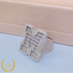 Unisex Custom Letter Iced Out Hip Hop Ring, Bustdown Dome Ring, 15CTW Round And Baguette Cut VVS1 Colorless Moissanite Halo Gold Plated Ring