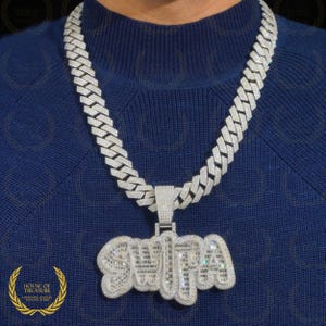 Iced Out 18mm Hip Hop Customized VVS1 Round & Baguette Moissanite Pendent Necklace, 14kt White Gold Plated 20" Cuban Chain with Halo Pendent