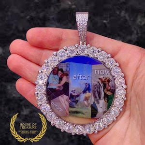 Custom Round Halo Photo Picture Pendent, Memory Pendent, Colorless Moissanite Pendent,14k White Gold Plated Hip Hop Prong Charm Gift Pendent