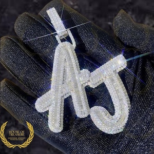 Fully Iced Out 29.34CTW Colorless Round And Baguette Cut VVS1 Moissanite Pendant, Custom Letter/Name/Logo Halo Pendant Passes Diamond Tester