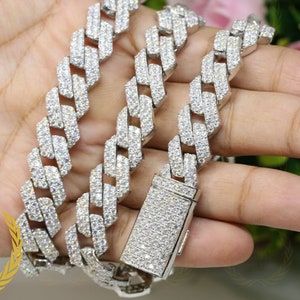 14mm Width Hip Hop Miami 81.45CTW Colorless Round Cut Moissanite Alternate Men's Iced Cuban Link Chain 6'' To 14'' Length White Gold Plated