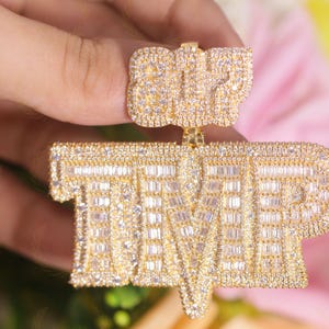 Custom Number/Name/Letter/Word Baguette Moissanite Pendent, Iced Out Hip Hop Custom Bell Pendent, Alternate Real Diamond Gold Plated Pendent