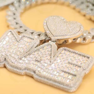 Iced Out 16mm Hip Hop Customized VVS1 Round & Baguette Moissanite Pendent Necklace, 14kt White Gold Plated 20" Cuban Chain with Pendent