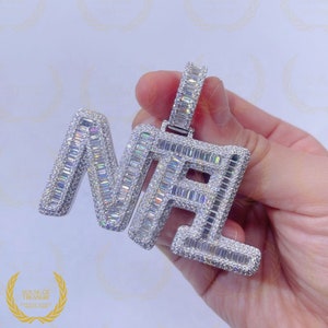 Custom Letter/Name Iced Out Hip Hop Moissanite Pendent, Colorless Round And Baguette Cut Moissanite Halo ''NFL'' Pendent For Birthday Gift