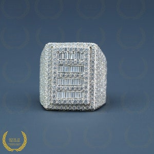 Full Ice out Baguette Diamond Ring, 14KT White Gold Champion Solid Ring, Real VVS Moissanite Diamond Ring For Men, Custom Hip Hop Bustdown