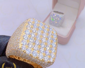 Iced Out Moissanite Men's Ring, 14k Gold Plated, Hip Hop Jewelry