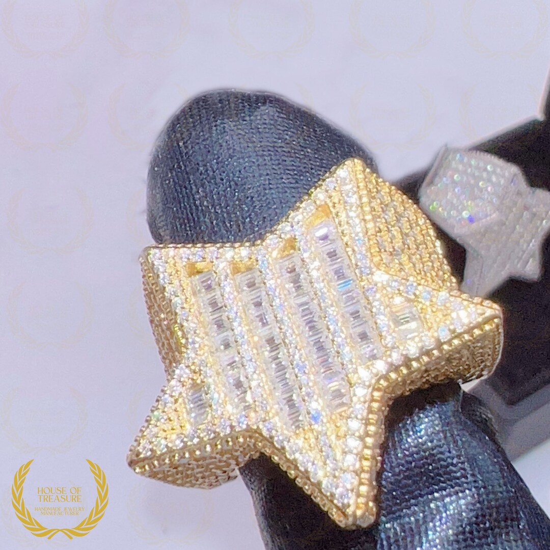 Baugette Rapper Ring Iced Out Hip Hop Star Micro Insert Ring, Round & Baguette Cut VVS1 ...