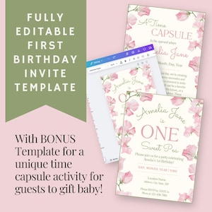 Modelo de convite para o primeiro aniversário da Sweet Pea | Atividade editável do Canva e da Time Capsule | 1º aniversário para impressão | Download digital instantâneo