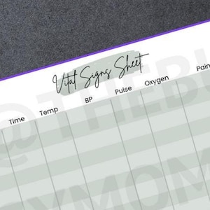 以下が含まれることがあります： 日付、時間、体温、血圧、脈拍、酸素、痛みの各列を持つ、印刷可能なバイタルサインシート。このシートは、時間の経過に伴うバイタルサインを追跡するために設計されています。