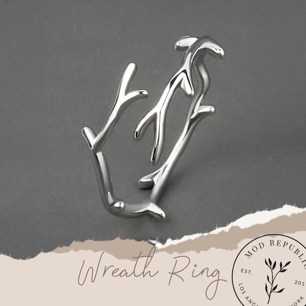Anillo de corona de ramas plateadas – Ajustable, acero inoxidable, joyería inspirada en la naturaleza