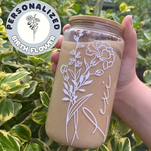 Personalized Tumbler Bridesmaid Gift Glass Cup Straw Bamboo Lid Birth Month Flower Cup Gift Custom  Coffee Cup Personalized Gift for Her