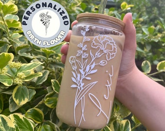 Personalized Tumbler Bridesmaid Gift Glass Cup Straw Bamboo Lid Birth Month Flower Cup Gift Custom  Coffee Cup Personalized Gift for Her