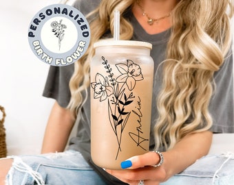 Personalized Tumbler Bridesmaid Gift Glass Cup Straw Bamboo Lid Birth Month Flower Cup Gift Custom  Coffee Cup Personalized Gift for Her
