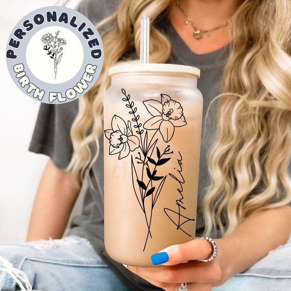 Personalized Tumbler Bridesmaid Gift Glass Cup Straw Bamboo Lid Birth Month Flower Cup Gift Custom  Coffee Cup Personalized Gift for Her