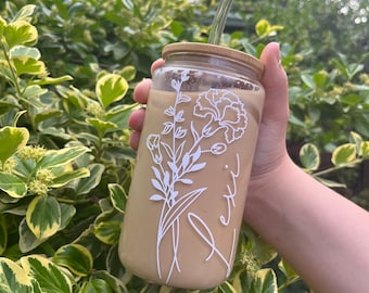 Personalized Tumbler Bridesmaid Gift Glass Cup Straw Bamboo Lid Birth Month Flower Cup Gift Custom  Coffee Cup Personalized Gift for Her