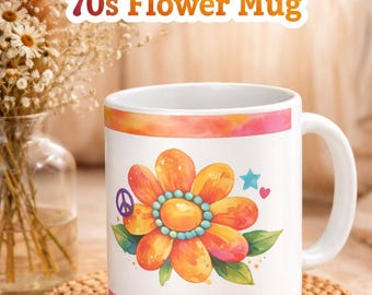 70s Wild Child Flower Mug, Retro Hippie Coffee Cup, Groovy Rainbow Watercolor Mug, Boho Gift for Her, Vintage Style 11oz Ceramic Mug