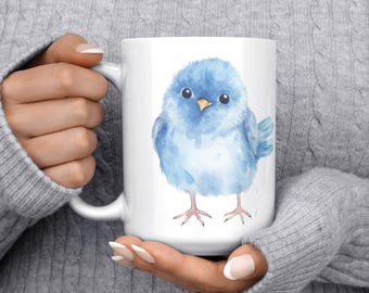 Watercolor Bluebird Mug 15oz, Baby Blue Bird Coffee Mug, Bird Lover Gift, Cute Bird Mug, Nature Lover Mug, Bluebird Art Cup