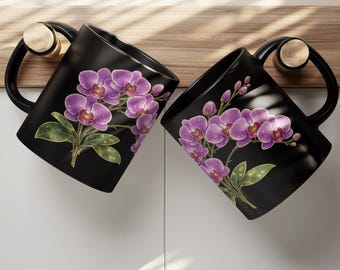 Stained Glass Orchid Mug – Black Floral Coffee Mug with Gold Outline, Exotic Gift