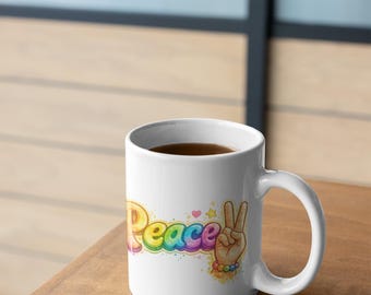 Peace Bubble Letter Mug, Retro Hippie Coffee Cup, Groovy 70s Peace Sign Hand Mug, Rainbow Boho Gift for Her, Vintage Style Ceramic Mug