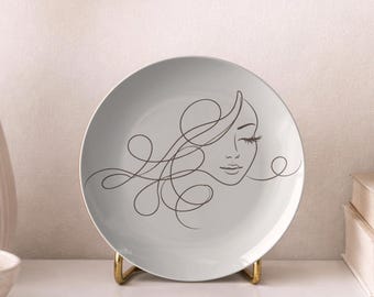 Neutral One Line Face Decor Plate, Minimalist Wall Art Plate, Beige Abstract Face Line Art, Modern Entryway Living Room Accent, 10 Inch Deco