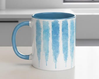 Blue Watercolor Stripe Mug, 11oz Blue Handle Art Decor Cup, Modern Paint Stroke Mug for Makeup Brush Holder or Flower Vase