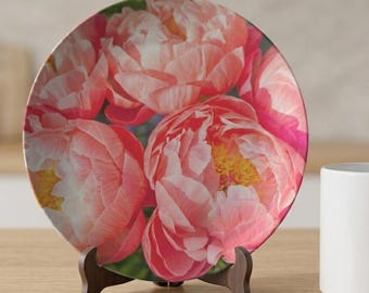 Pink Peony Floral Plate, 10 Inch Decorative Flower Plate, Cottagecore Kitchen Decor, Spring Garden Dinnerware, Botanical Gift for Mom