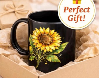 Stained Glass Sunflower Mug 11oz Black Floral Coffee Mug with Gold Outline, Cheerful Gift