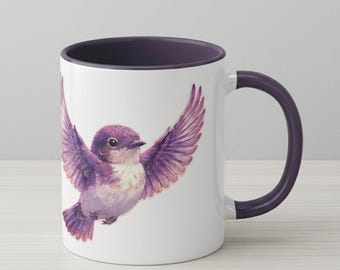 Baby Violet Backed Starling Mug, Purple Handle Accent Coffee Cup, Stained Glass Bird Mug, Bird Lover Gift, 11oz Ceramic Mug