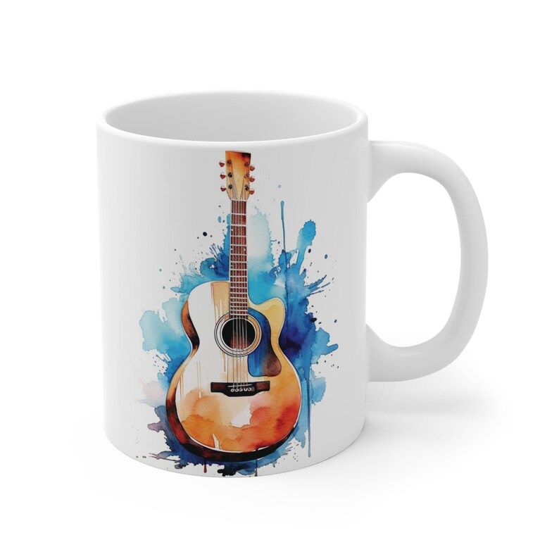 Guitar Acoustic Cool 11oz Coffee Mug Gift for Musicians Music Teachers Water Color image 3