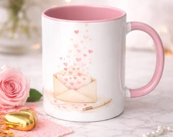 Last Minute Valentine Gift Mug – Love Letter Watercolor Coffee Mug for Her or Him, 11oz Ceramic Mug
