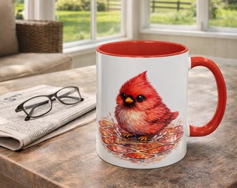 Stained Glass Bird Cardinal Mug, Stained Glass Style Watercolor Coffee Mug, Memorial Bird Gift Birding
