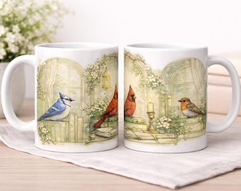 Stained Glass Bird Lover Mug, Stained Glass Style Bird Coffee Mug with Blue Jay Cardinal and Robin, Nature Art Gift