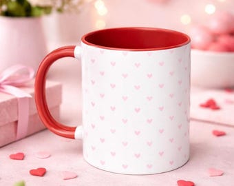 Tiny Pink Hearts Coffee Mug, Valentine Home Decor Mug, Cute Minimal Heart Pattern Mug, Romantic Gift for Her, 11oz White Ceramic Cup