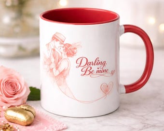 Valentine Coffee Mug – Darling Be Mine Red Script Mug, Romantic Gift for Her or Him, Cute Valentine Gift, 11oz Ceramic Mug