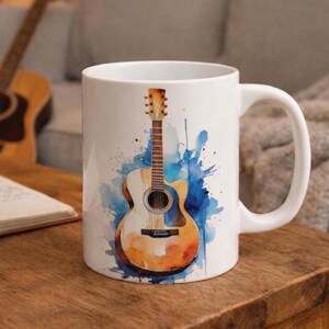 Guitar Acoustic Cool 11oz Coffee Mug Gift for Musicians Music Teachers Water Color image 1