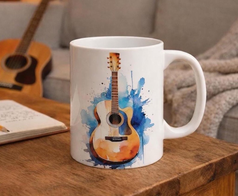 Guitar Acoustic Cool 11oz Coffee Mug Gift for Musicians Music Teachers Water Color image 1