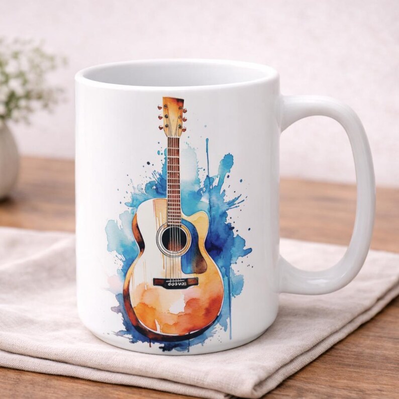 Guitar Acoustic Cool 11oz Coffee Mug Gift for Musicians Music Teachers Water Color image 2