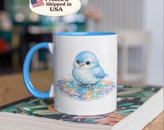 Stained Glass Blue Bird Mug Gift for Bird Lovers – Watercolor Blue Bird Coffee Cup, Blue Accent Ceramic Mug (11oz, 15oz)