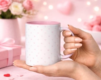 Tiny Pink Hearts Coffee Pink Accent Mug, Valentine Home Decor Mug, Cute Minimal Heart Pattern Mug, Romantic Gift for Her, 11oz White Ceramic