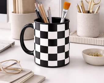 Black Abstract Checkerboard Coffee Mug, 11oz Black Handle Ceramic Mug, Modern Minimal Desk Decor Gift, Graphic Pattern Mug