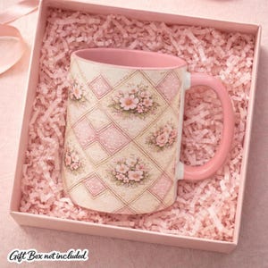 Cottagecore Patchwork Floral Mug – Pink Watercolor Quilt-Style Coffee Mug, Feminine Gift