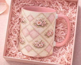 Cottagecore Patchwork Floral Mug – Pink Watercolor Quilt-Style Coffee Mug, Feminine Gift